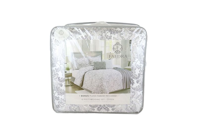 Juego de edredón queen 6 piezas gris estampado Zoe CHD Home, empaque transparente con fotografía del set armado en cama