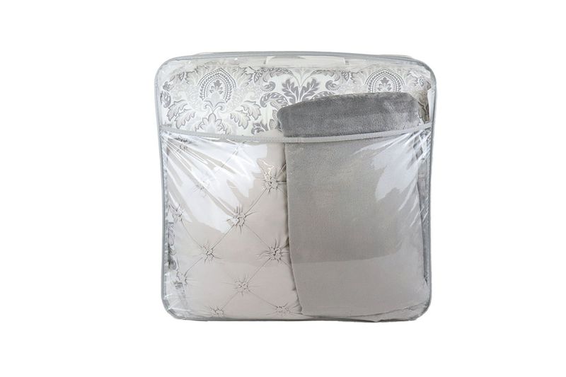 Juego de edredón Queen 6 piezas gris estampado Zoe CHD Home, doblado dentro de su empaque transparente con asa
