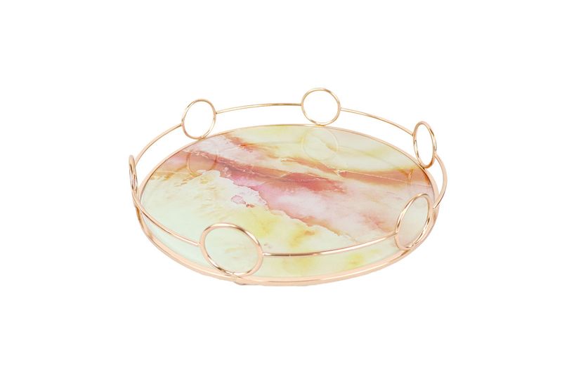 Bandeja decorativa borde circular 30x6.5 cm Concepts, vista en perspectiva con borde dorado y base de mármol colorido