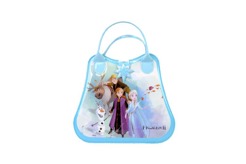 Cosmetiquera y set de maquillaje 27 piezas Frozen Disney Markwins, vista frontal del bolso celeste con personajes de la