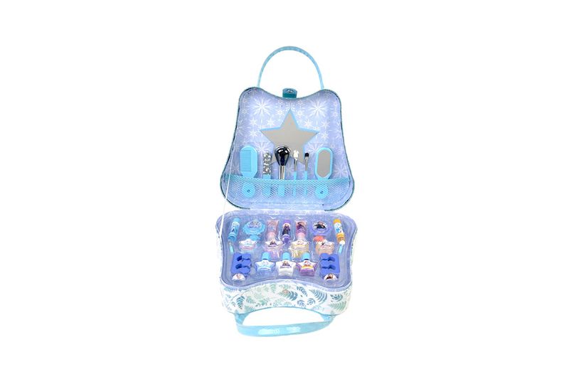 Cosmetiquera y set de maquillaje 27 piezas Frozen Disney Markwins, abierta mostrando sombras y accesorios en tonos azules
