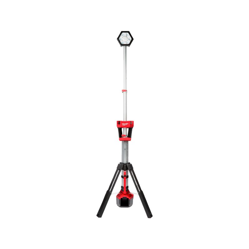 Torre de luz de doble potencia M18 Rocket Milwaukee, vista frontal completa desplegada con trípode y lámpara superior