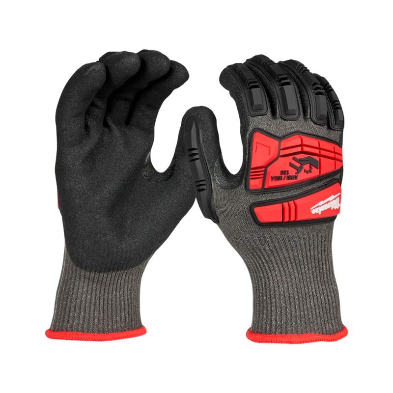 Guante nitrilo para cortes de impacto talla XXL nivel 5 Milwaukee, par de guantes grises con refuerzos rojos y negros