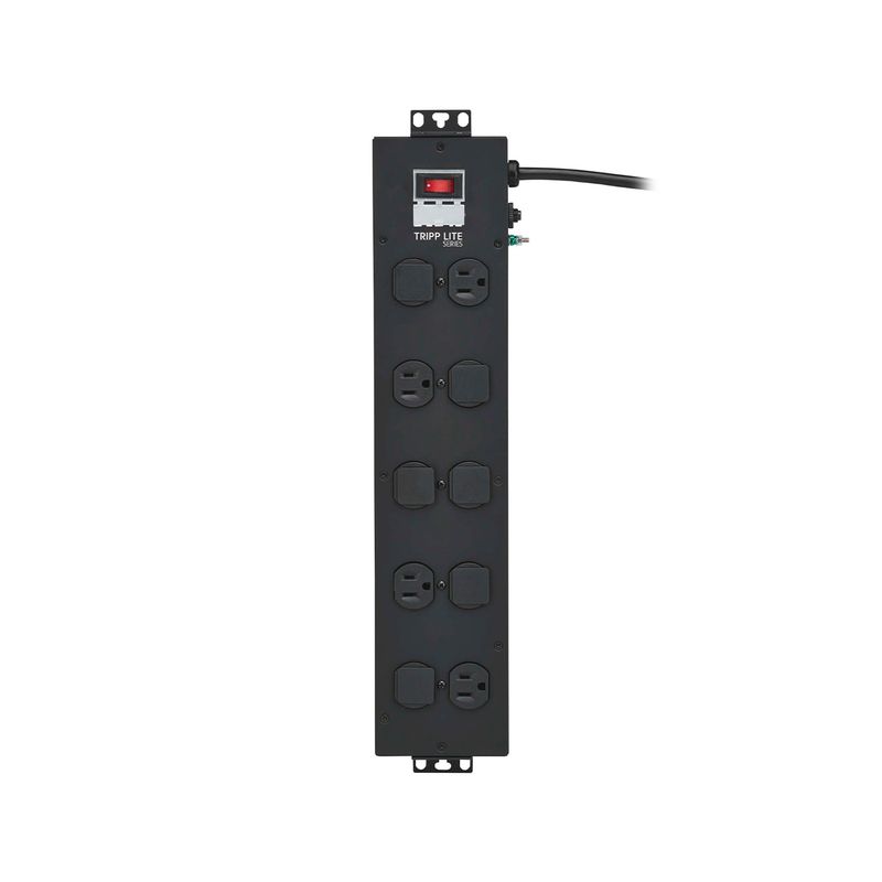 Regleta eléctrica industrial negra 5 tomas NEMA 5-15R UL Tripp Lite Eaton, vista frontal del panel con interruptor y cable