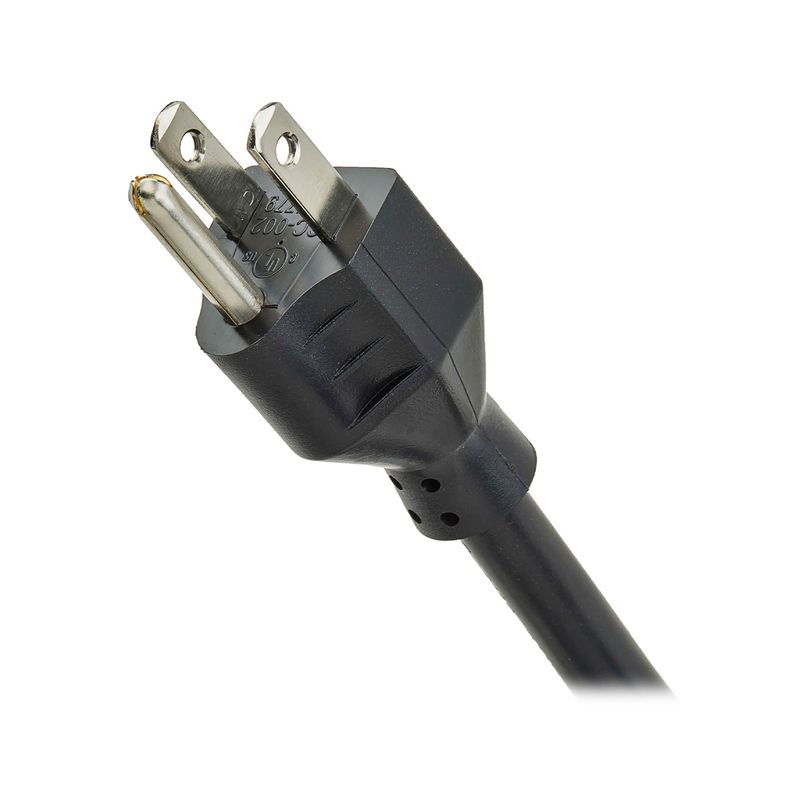 Regleta eléctrica industrial negra 5 tomas NEMA 5-15R UL Tripp Lite Eaton, primer plano del enchufe y cable negro