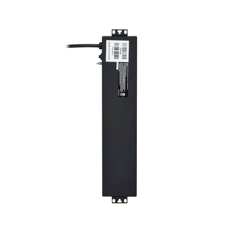 Regleta eléctrica industrial negra 5 tomas NEMA 5-15R UL Tripp Lite Eaton, vista posterior con etiqueta técnica y cable