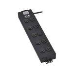 Regleta eléctrica industrial negra 5 tomas NEMA 5-15R UL Tripp Lite Eaton, vista diagonal del cuerpo metálico y tomas