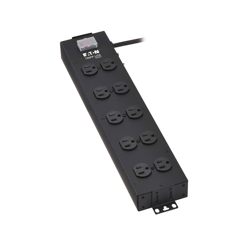 Regleta eléctrica industrial negra 5 tomas NEMA 5-15R UL Tripp Lite Eaton, vista diagonal del cuerpo metálico y tomas