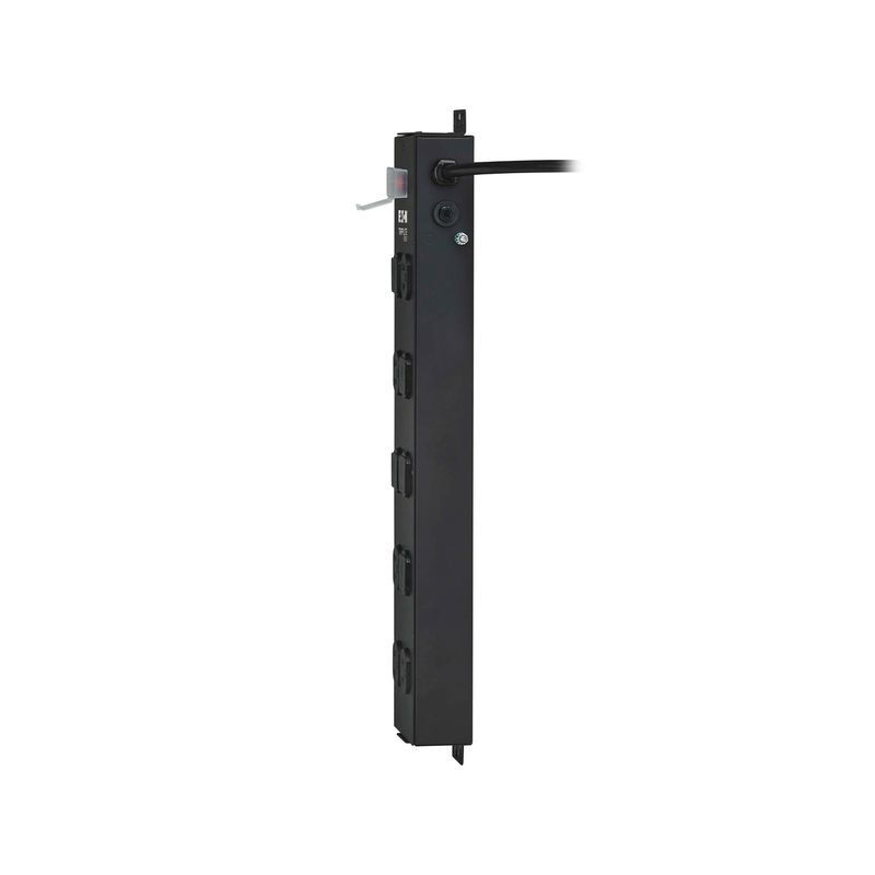 Regleta eléctrica industrial negra 5 tomas NEMA 5-15R UL Tripp Lite Eaton, vista lateral del cuerpo metálico y cable