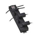 Regleta eléctrica industrial negra 5 tomas NEMA 5-15R UL Tripp Lite Eaton, vista en perspectiva con cables y adaptadores