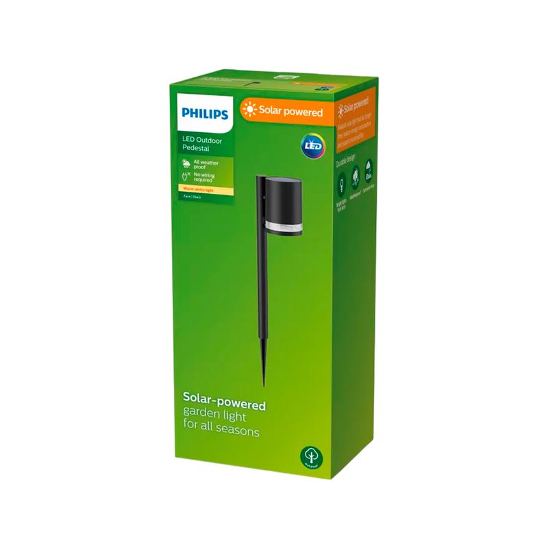 Luminaria solar estaca Fyce 3.3 V 1.5 W 2700 K 200 lm IP44 negro Philips, empaque frontal verde con ilustración del equipo