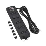 Regleta eléctrica industrial negra 5 tomas NEMA 5-15R UL Eaton Tripp Lite, vista diagonal con cable y accesorios de montaje