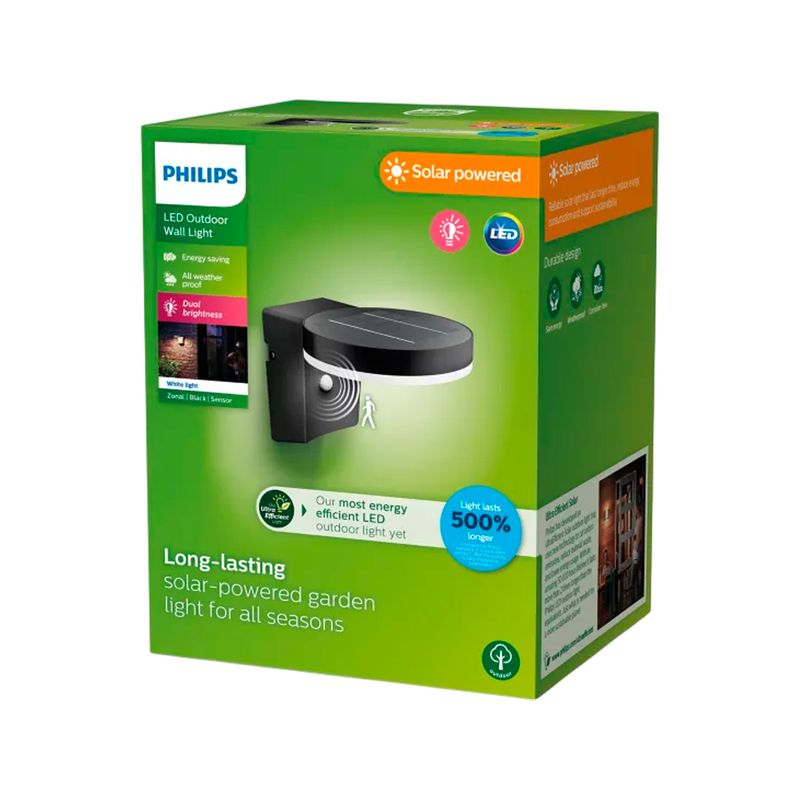 Luminaria solar de pared Zonal RD 4V 1.3W 250lm 3000K IP44 con sensor negro Philips, vista frontal de su empaque