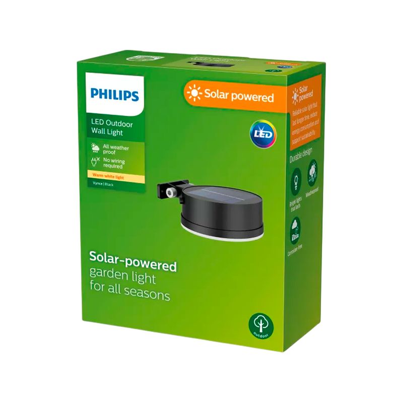 Luminaria solar de pared Vynce redondo 3.3 V 1.5 W 2700 K 200 lm IP44 negro Philips, empaque verde con ilustración del equipo