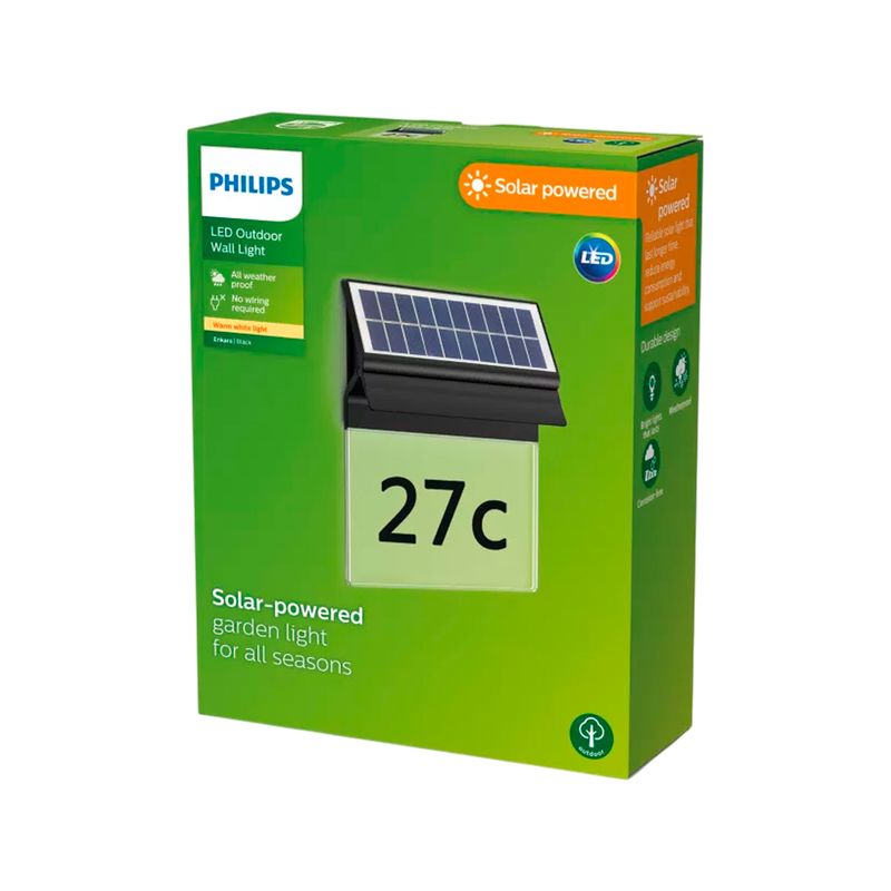 Luminaria solar entrada Enkara 4V 0.2W 2700K 17lm IP44 negro Philips, presentada en su empaque original verde y blanco