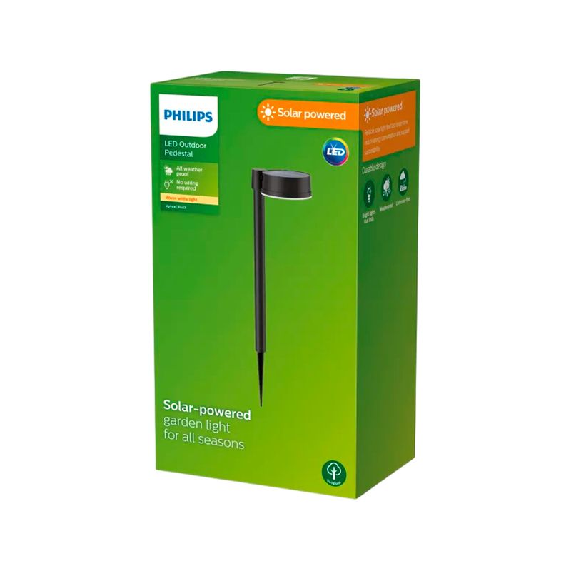 Luminaria solar estaca Vynce redondo 3.3 V 1.5 W 2700 K 200 lm IP44 negro Philips, en su empaque verde con ilustración