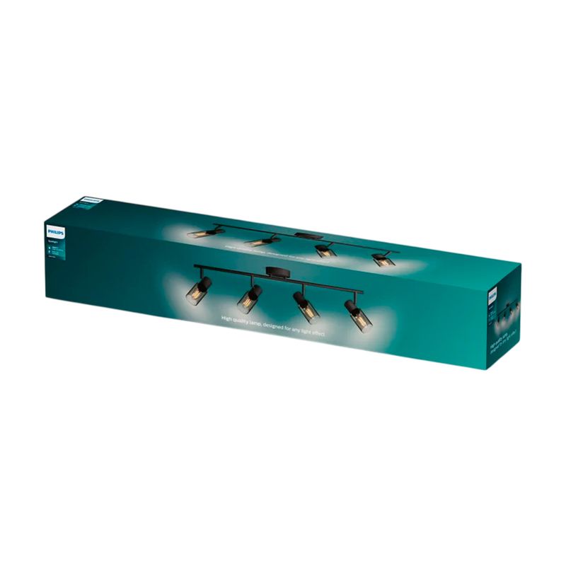 Luminaria spot Palms 4L 25W HV negro Philips, empaque rectangular verde con ilustración del producto y texto descriptivo