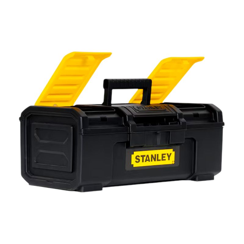 Caja para herramientas Stanley de 16 pulgadas plástico standard, vista frontal con organizadores amarillos desplegados