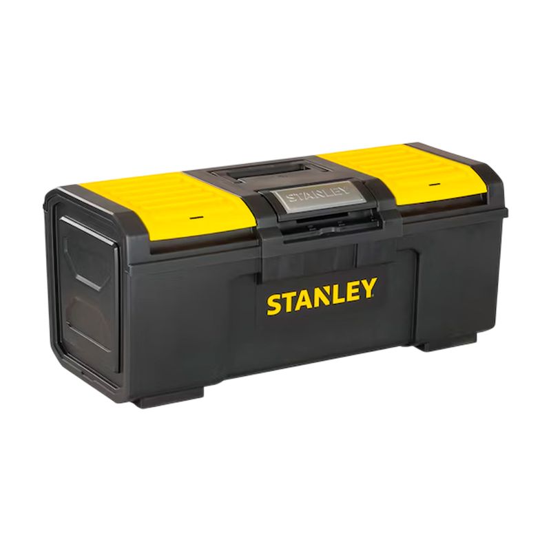 Caja para herramientas Stanley de 19 pulgadas plástico standard, vista en perspectiva frontal con tapa amarilla y cuerpo
