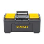 Caja para herramientas Stanley de 19 pulgadas plástico estándar, vista frontal en color negro con tapa y detalles amarillos
