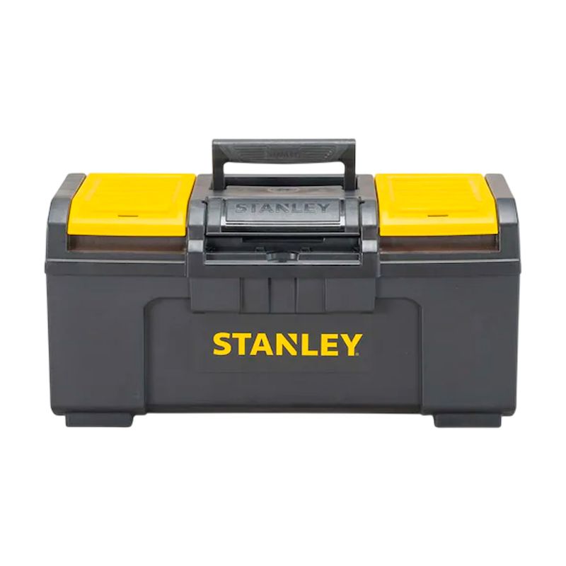 Caja para herramientas Stanley de 19 pulgadas plástico estándar, vista frontal en color negro con tapa y detalles amarillos