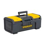 Caja para herramientas Stanley de 16 pulgadas plástico standard, vista diagonal en color negro con tapa amarilla