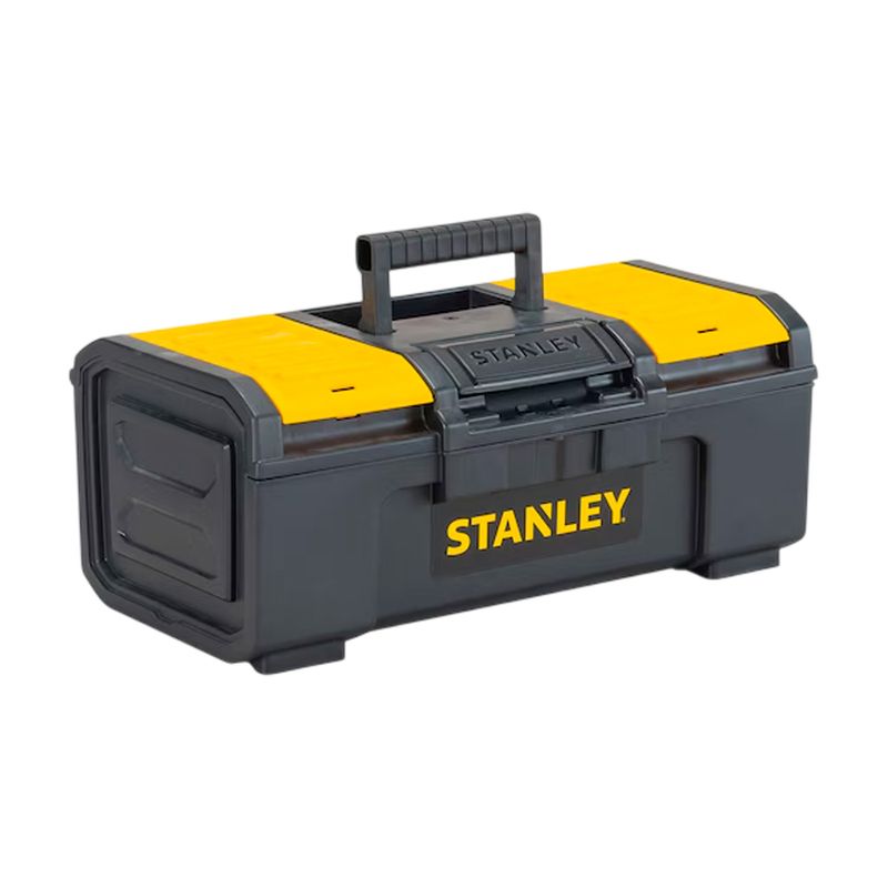 Caja para herramientas Stanley de 16 pulgadas plástico standard, vista diagonal en color negro con tapa amarilla
