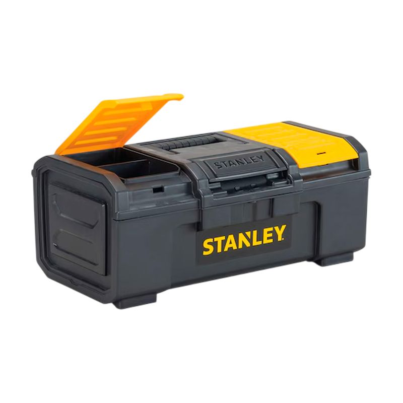 Caja para herramientas Stanley de 16 pulgadas plástico standard, vista diagonal con tapa superior abierta y logo amarillo