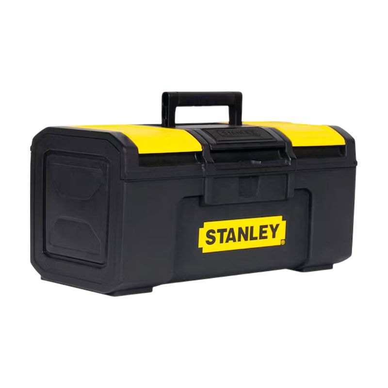 Caja para herramientas Stanley de 16 pulgadas plástico standard, vista frontal en ángulo con tapa amarilla y cuerpo negro