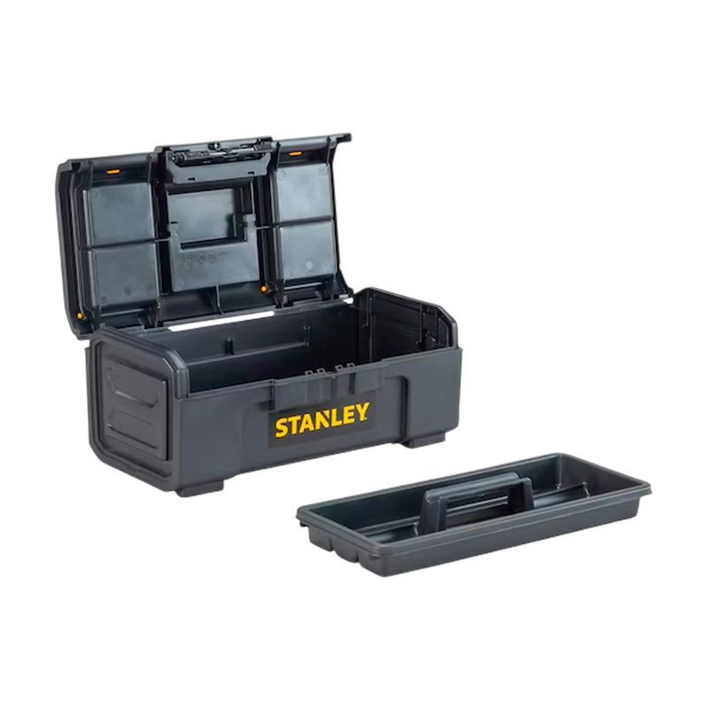 Caja para herramientas Stanley de 16 pulgadas plástico standard, abierta con la bandeja organizadora extraída al frente