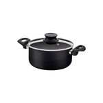 Olla 26 cm Paris negro Tramontina, vista frontal con tapa de vidrio y asas laterales negras