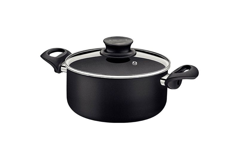 Olla 26 cm Paris negro Tramontina, vista frontal con tapa de vidrio y asas laterales negras