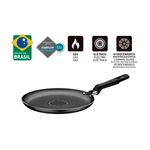 Sartén panquera de 22 cm Loreto Tramontina, vista lateral con iconos de compatibilidad de estufas y sello de origen
