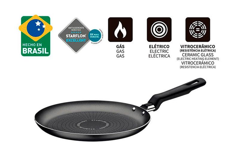 Sartén panquera de 22 cm Loreto Tramontina, vista lateral con iconos de compatibilidad de estufas y sello de origen