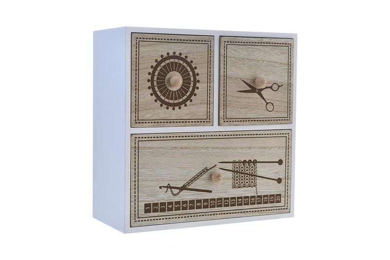 Gabinete para organización 22x11x22 cm Concepts, vista frontal con cajones de madera y dibujos de costura