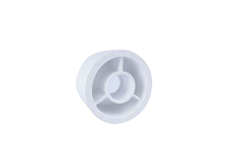 Reductor PVC liso agua potable 3" x 1" Amanco, vista frontal del orificio reducido con refuerzos internos