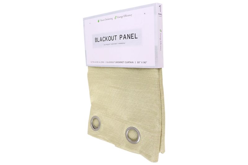 Cortina de sala blackout Lt Yellow 55 x 90 pulgadas Clovis CHD Home, detalle del empaque y ojales metálicos plateados