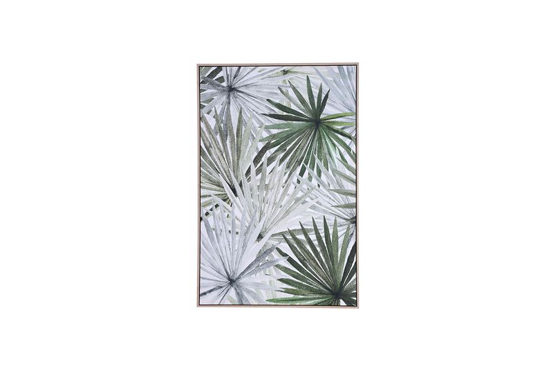 Cuadro decorativo con marco 80 x 120 cm Concepts, vista frontal con ilustración de hojas de palma en tonos verdes y blancos
