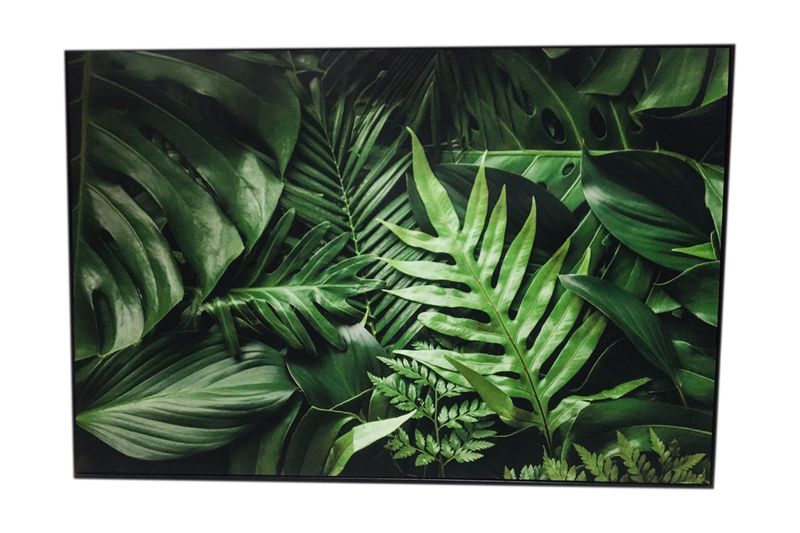 Cuadro decorativo con marco 150 x 3.5 x 100 cm Concepts, primer plano de la ilustración con hojas tropicales verdes