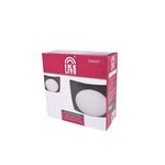 Lámpara plafón chocolate oscuro 2 luces E27 60 W Ikelite, en su empaque de cartón rosa con ilustración del producto
