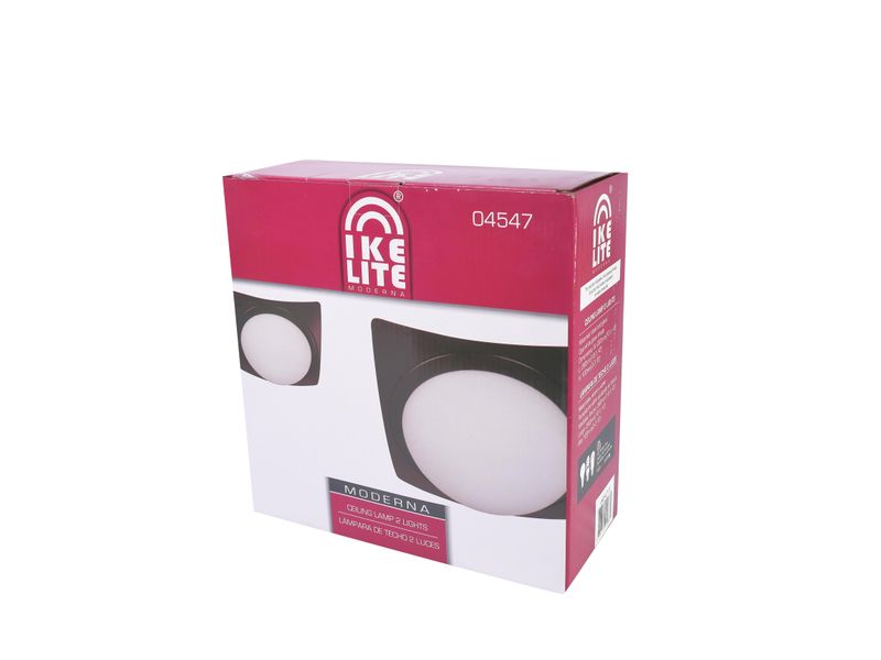 Lámpara plafón chocolate oscuro 2 luces E27 60 W Ikelite, en su empaque de cartón rosa con ilustración del producto