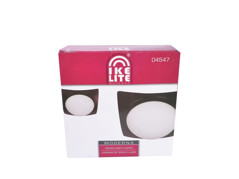 Lámpara plafón chocolate oscuro 2 luces E27 60W Ikelite, caja de cartón rosa y blanca con ilustración del producto