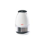 Picador de alimentos pequeño crema Oxo, vista frontal del cuerpo blanco con recipiente transparente y tapa negra