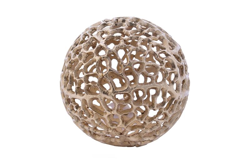 Esfera decorativa 15 cm dorada Concepts, acercamiento al diseño calado con textura orgánica y poros irregulares