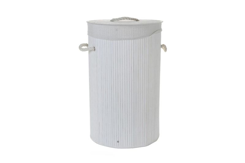 Cesto para ropa 35 x 57 cm circular blanco Concepts, vista frontal completa con tapa y asas de cuerda blancas