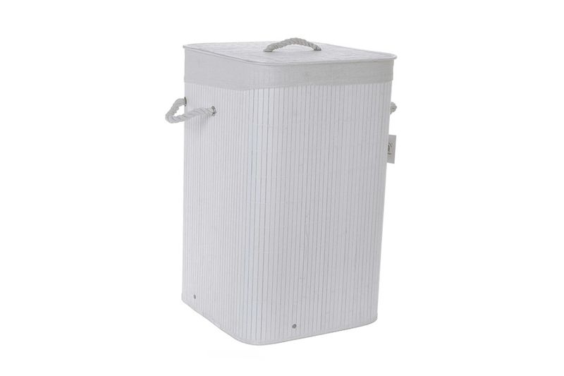 Cesto para ropa 35 x 57 cm blanco Concepts, vista frontal en ángulo que muestra las asas de cuerda y la tapa