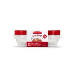 Juego de herméticos plásticos con tapa roja de 3 piezas 4C Rubbermaid, vista frontal del set en su empaque de cartón