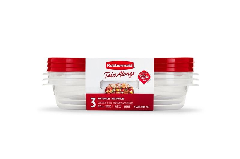 Juego de herméticos plásticos con tapa roja de 3 piezas 4C Rubbermaid, vista frontal del set en su empaque de cartón