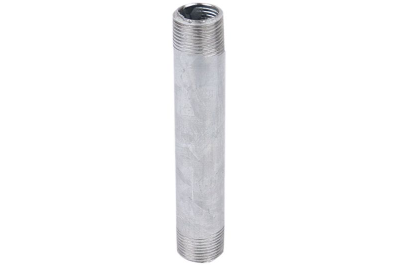 Niple galvanizado rosca cédula 20 de 3/4 x 8 pulgadas Facenil, vista frontal completa del tubo cilíndrico plateado