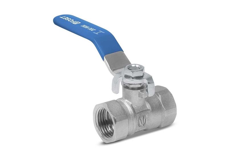 Válvula de bola 1/4 vuelta Foset de 3/4 pulgadas 200 psi cromado, vista lateral con palanca de color azul